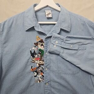 Vintage Warner Bros Looney Tunes Shirt Men's Large Blue Chambray 90s Embroidered